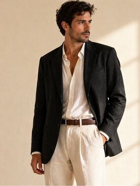 Tailored Black Linen Blend Blazer Structured Quiet Luxury Oversized Sz 46R